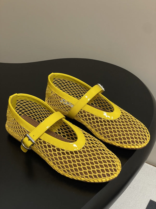 ALAIA BALLET FLATS IN YELLOW MESH FISHNET