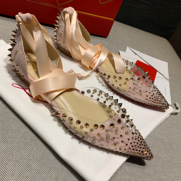 CL Mechante Reine Flats Spike PVC and Veau Velours Pink