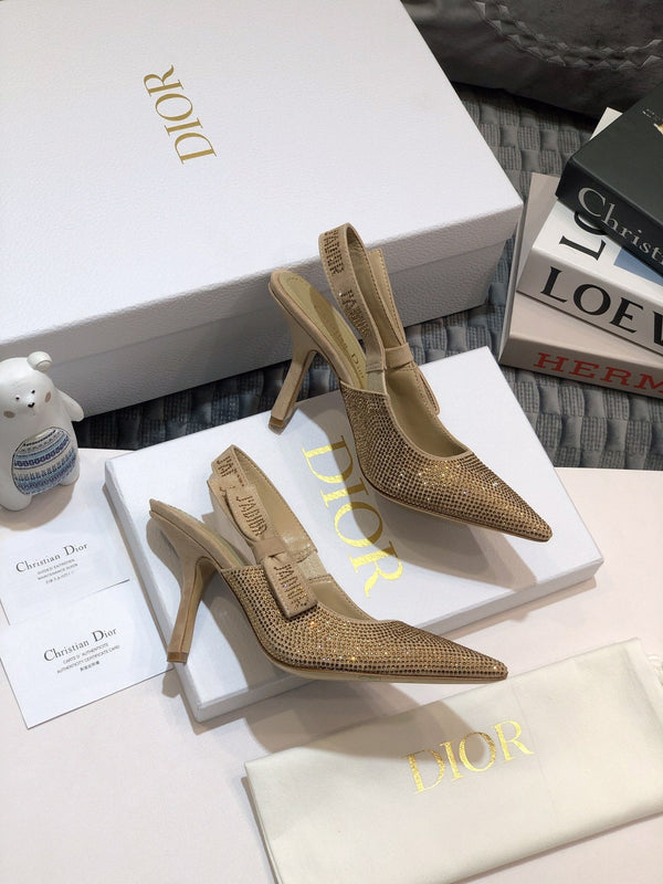 Décolleté JAdior con cinturino posteriore 95 beige con cristalli e tacco a spillo