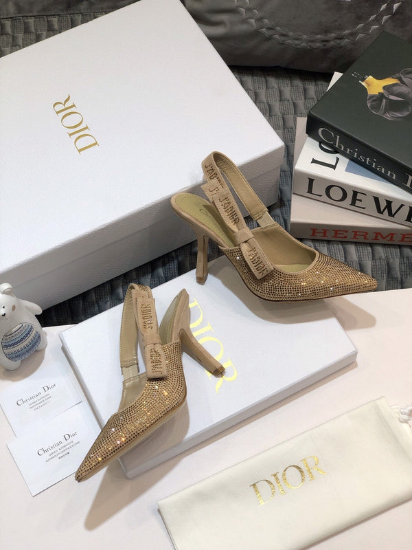 Décolleté JAdior con cinturino posteriore 95 beige con cristalli e tacco a spillo