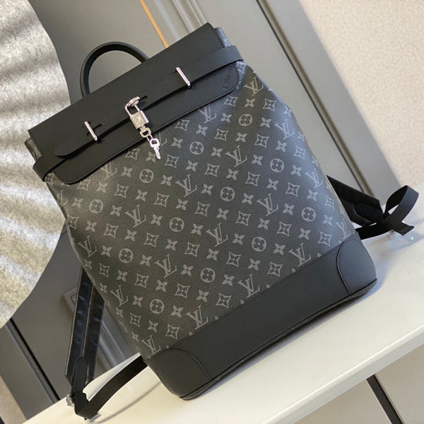 ZAINO STEAMER 45 IN TELA MONOGRAM ECLIPSE GUN METAL E FIBBIA IN PELLE DI VITELLO NERA CON ARGENTO