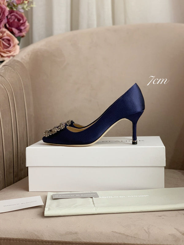 Hangisi Navy Blue Satin Crystal Embellished Pumps 156289