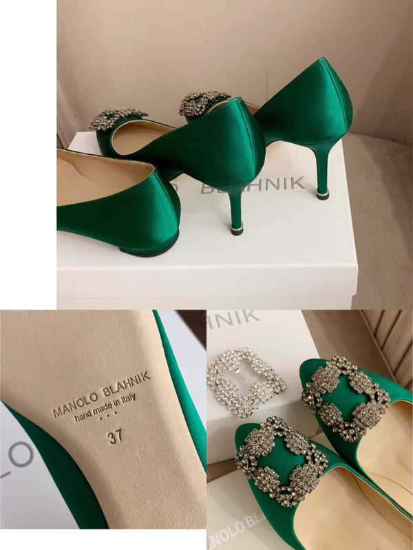 Hangisi Green Satin Crystal Embellished Pumps 700532