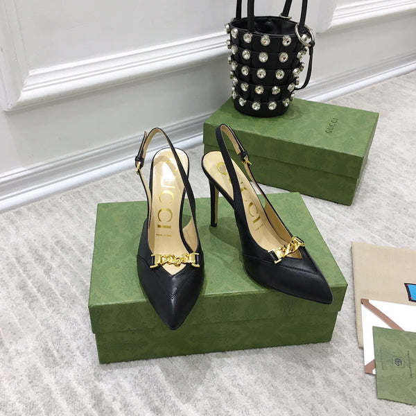 GG HIGH HEEL SLINGBACK BLACK CALFSKIN WITH CHAIN