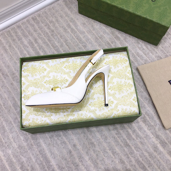 GG HIGH HEEL SLINGBACK WHITE CALFSKIN WITH CHAIN
