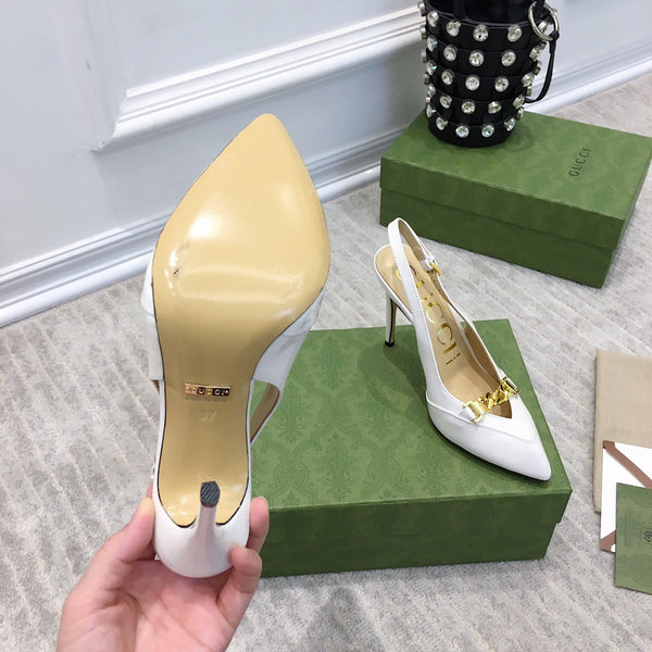 GG HIGH HEEL SLINGBACK WHITE CALFSKIN WITH CHAIN