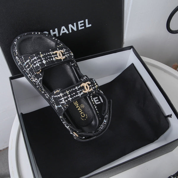 CC 25S Sandalo da papà in tweed bianco e nero in pelle di vitello