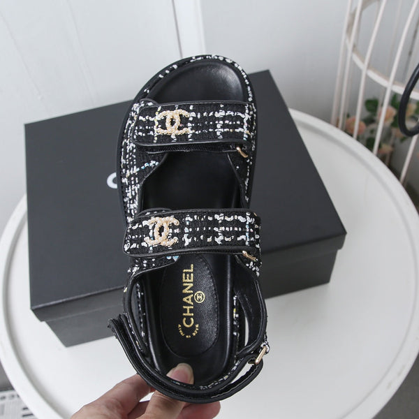 CC 25S Sandalo da papà in tweed bianco e nero in pelle di vitello