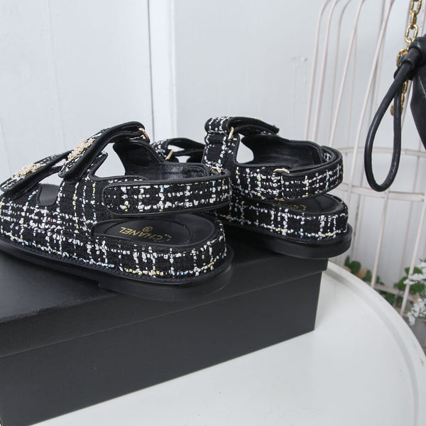 CC 25S Sandalo da papà in tweed bianco e nero in pelle di vitello