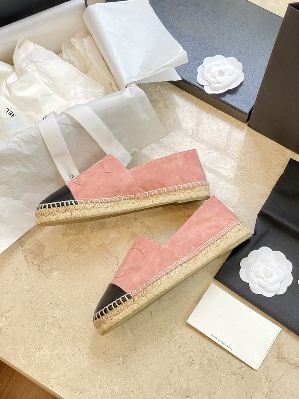 espadrillas in pelle scamosciata rosa e agnello nero