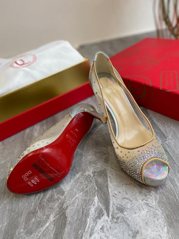 CL Very Strass Peep Toe Pumps 120mm Mesh and Leather Silver