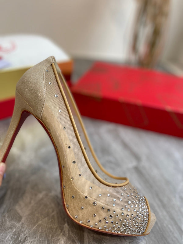 CL Very Strass Peep Toe Pumps 120mm Mesh and Leather Gold