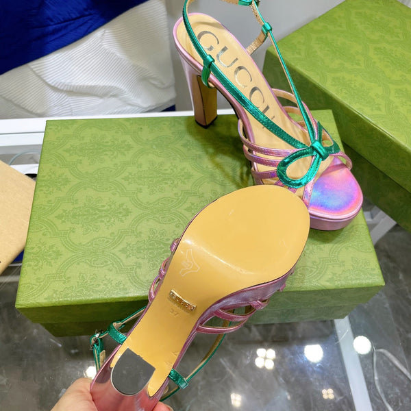 GG HIGH HEEL SANDAL HOT PINK AND JADE GREEN LAMBSKIN