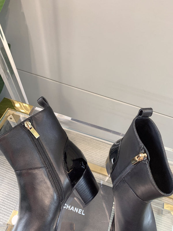 CC Block Heel Ankle Boots 60mm Black Patent Leather Sheeepskin 464554