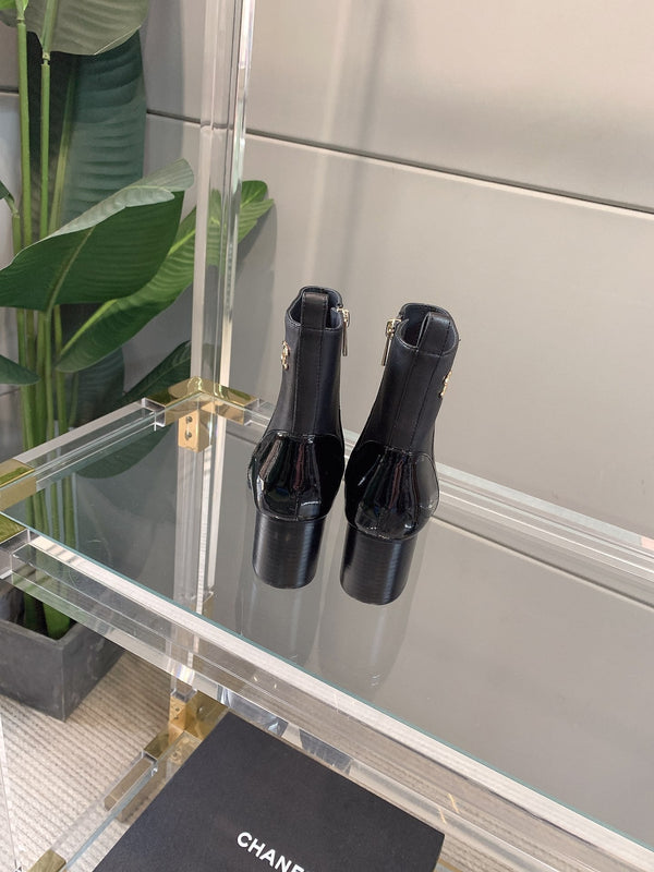 CC Block Heel Ankle Boots 60mm Black Patent Leather Sheeepskin 464554