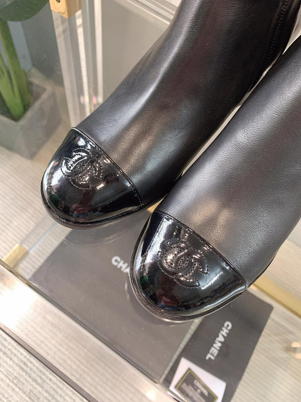 CC Block Heel Ankle Boots 60mm Black Patent Leather Sheeepskin 464554