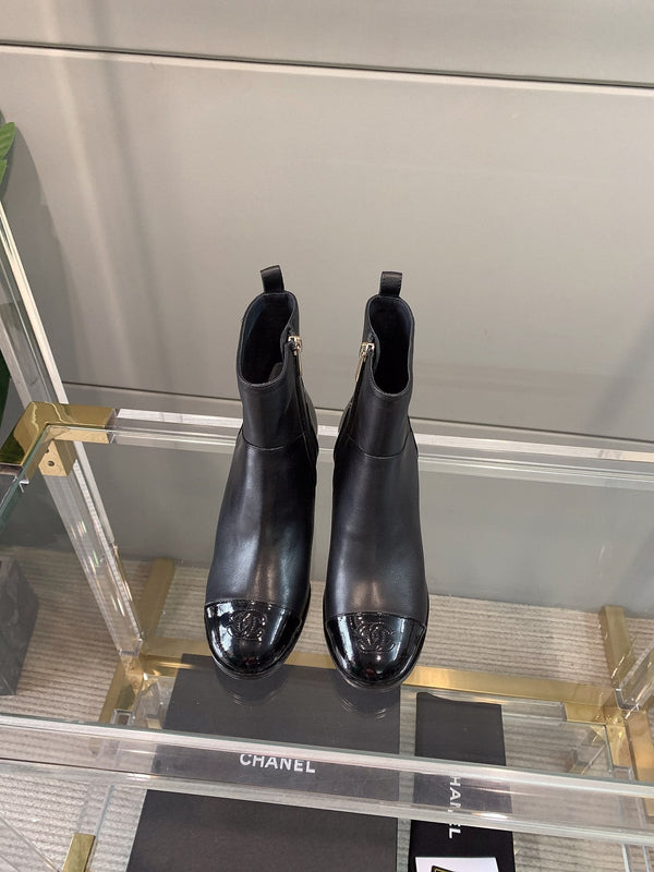 CC Block Heel Ankle Boots 60mm Black Patent Leather Sheeepskin 464554