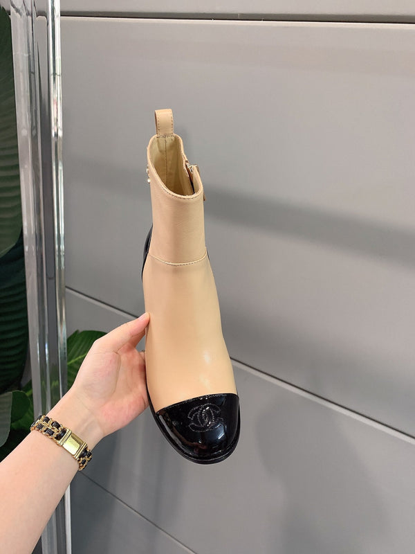 CC Block Heel Ankle Boots 60mm Black Beige Patent Leather Sheeepskin 464555