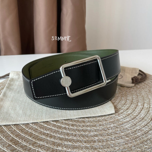 OSCAR BELT BUCKLE & REVERSIBLE OLIVE GREEN AND BLACK LEATHER STRAP 38MM SILVER HARDWARE
