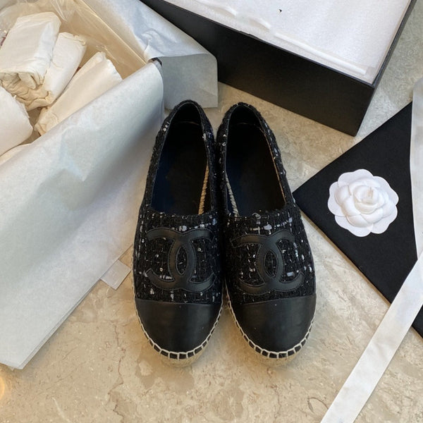 espadriles nere bianche tweed pelle di agnello nera