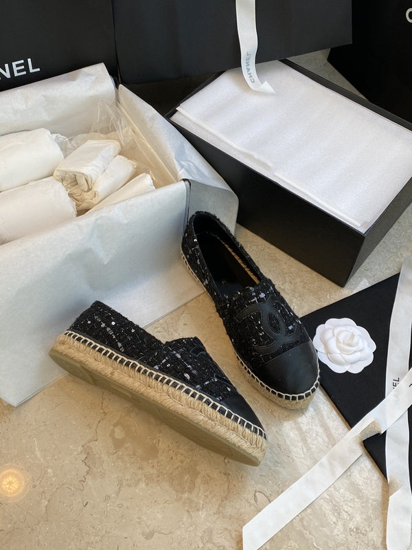 espadriles nere bianche tweed pelle di agnello nera