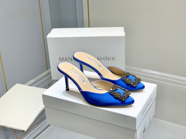 Manolo Buckle Mules 7cm Navy Blue Silk 208020