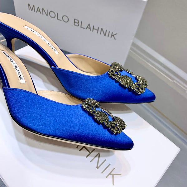 Manolo Buckle Mules 7cm Navy Blue Silk 208020