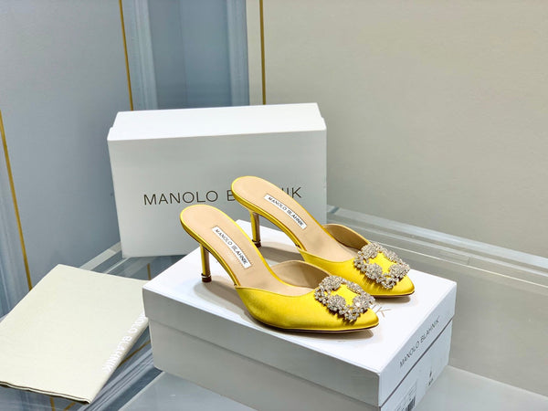 Manolo Buckle Mules 7cm Yellow Silk 208021