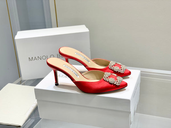 Manolo Buckle Mules 7cm Red Silk 208018