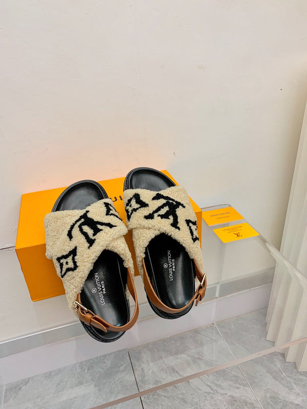 Sandalo LV Paseo Flat Comfort in pile beige nero