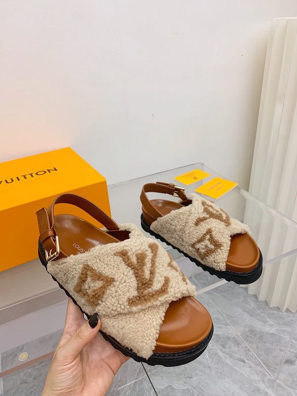 Sandalo LV Paseo Flat Comfort in pile beige marrone