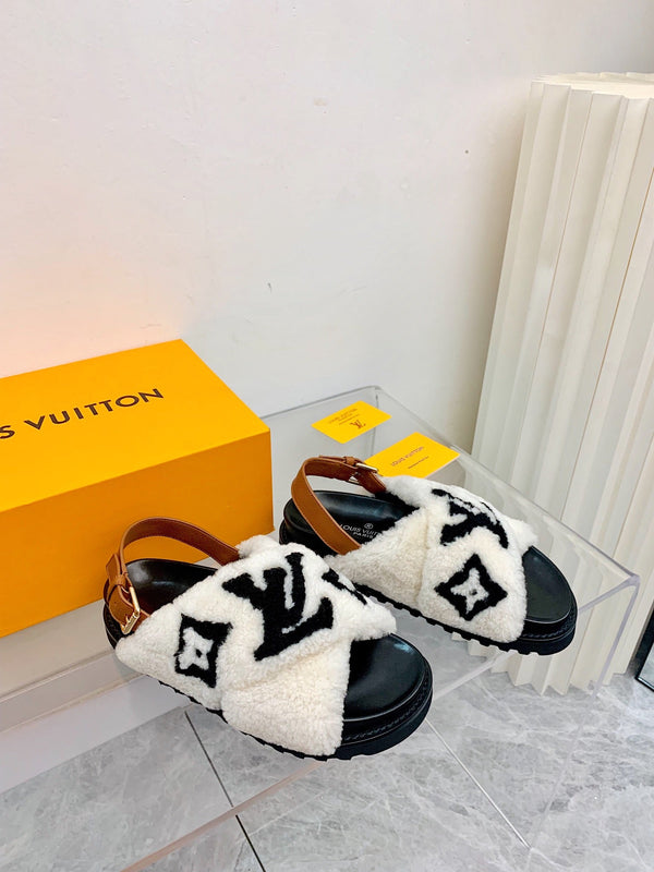 Sandalo LV Paseo Flat Comfort in pile bianco nero