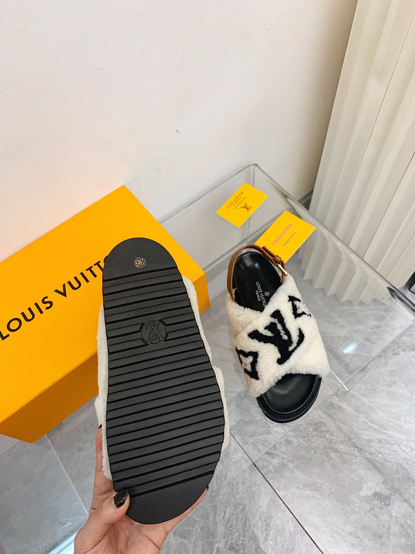 Sandalo LV Paseo Flat Comfort in pile bianco nero