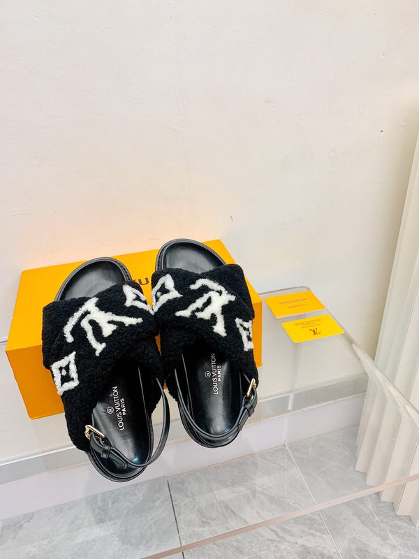 Sandalo LV Paseo Flat Comfort in pile nero bianco
