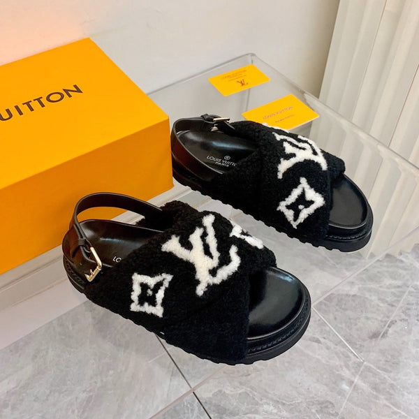 Sandalo LV Paseo Flat Comfort in pile nero bianco