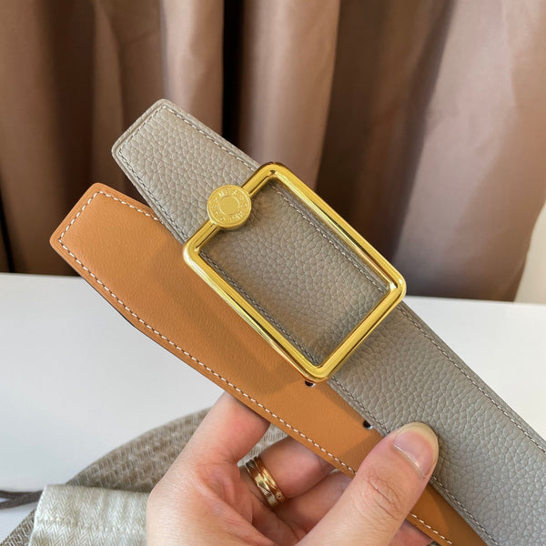 OSCAR BELT BUCKLE & REVERSIBLE KHAKI BROWN AND ORANGE LEATHER STRAP 38MM GOLD HARDWARE