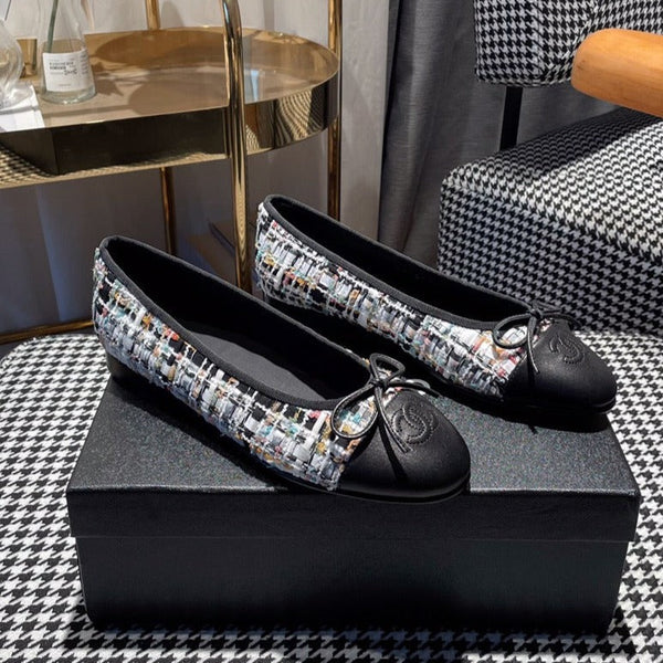 ballerina bianca tweed nero pelle di vitello nera