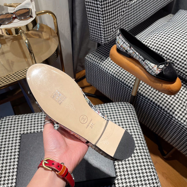 ballerina bianca tweed nero pelle di vitello nera