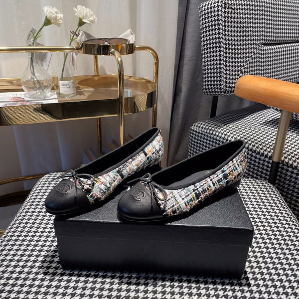 ballerina bianca tweed nero pelle di vitello nera