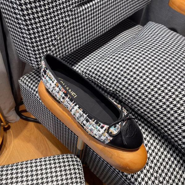 ballerina bianca tweed nero pelle di vitello nera