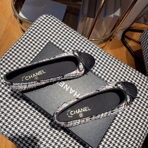 ballerina bianca tweed nero pelle di vitello nera