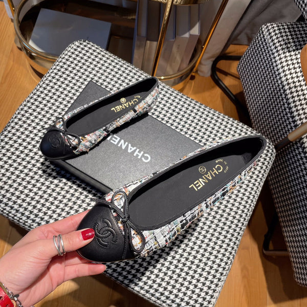 ballerina bianca tweed nero pelle di vitello nera