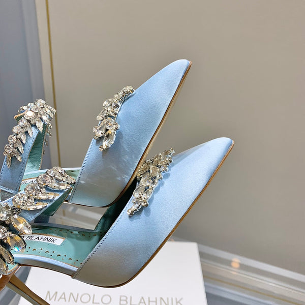 Manolo Mules Crystal Blue Silk Satin 219380