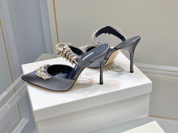 Manolo Mules Crystal Grey Silk Satin 219383