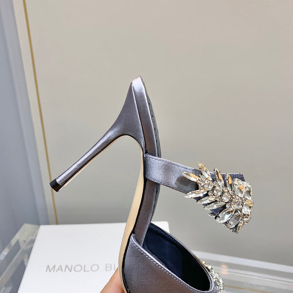 Manolo Mules Crystal Grey Silk Satin 219383