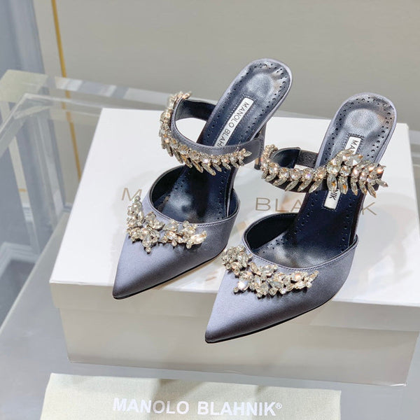Manolo Mules Crystal Grey Silk Satin 219383