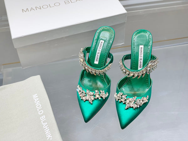 Manolo Mules Crystal Green Silk Satin 219387