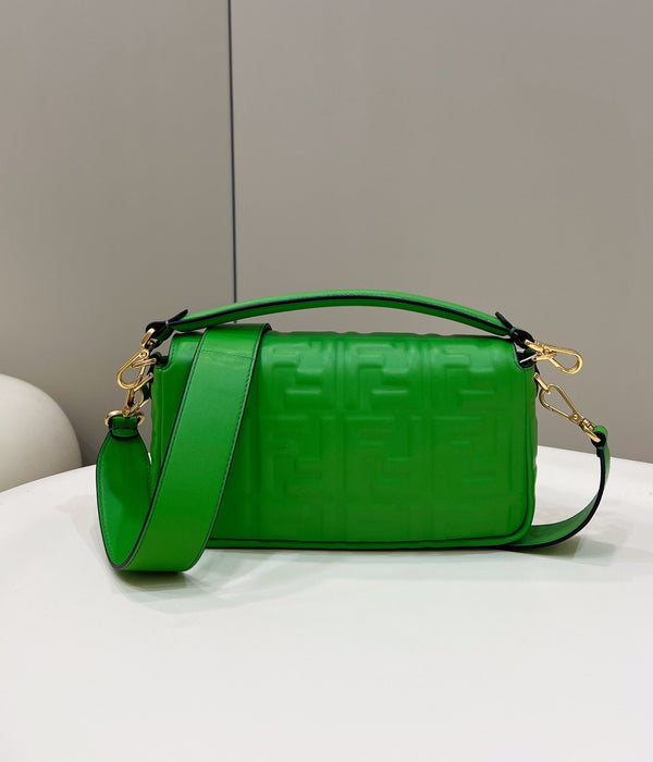 BAGUETTE WITH FF MOTIF 27 IN EMERALD GREEN SOFT LAMBSKIN GOLD HARDWARE