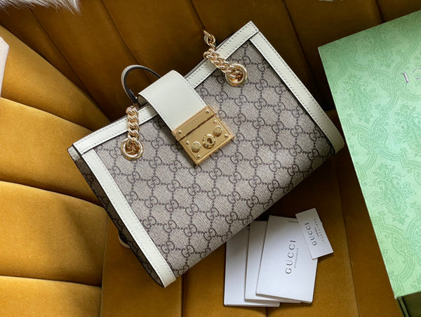 GG PADLOCK MEDIUM 26 SHOULDER BAG BEIGE CANVAS AND WHITE CALFSKIN