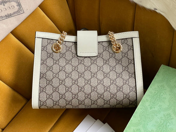 GG PADLOCK MEDIUM 26 SHOULDER BAG BEIGE CANVAS AND WHITE CALFSKIN